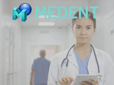 MEDENT logo above a clinician holding a tablet