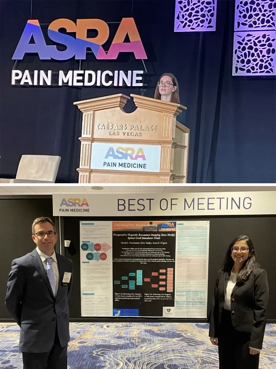 Two photos: a speaker at an ASRA Pain Medicine podium, and Dr. David Provenzano with a research intern beside a poster under a Best of Meeting sign