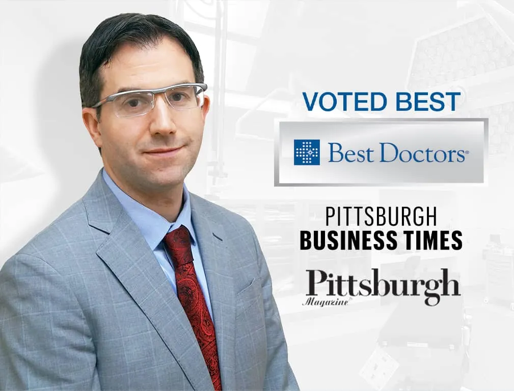 Dr. David Provenzano beside the words Voted Best and the Best Doctors, Pittsburgh Business Times and Pittsburgh Magazine logos
